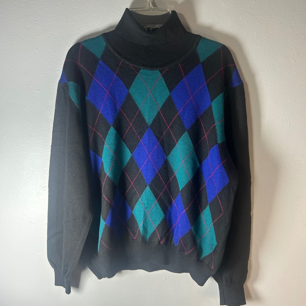 Talbots Petites PM Black Argyle Turtleneck Sweater Merino Wool Made‎ in Italy